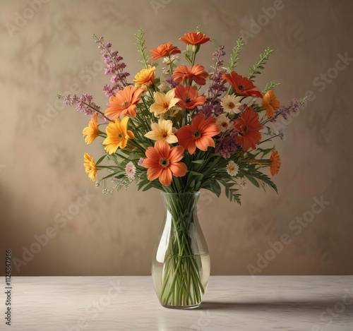 A vase filled with a bouquet of long-stemmed flowers in a warm and inviting color scheme , beautiful, arrangement, pretty