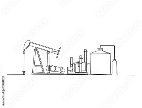 Continuous one line drawing of oil driling pumpjack. Oil pump oil rig energy industrial machine illustration. Editable vector.