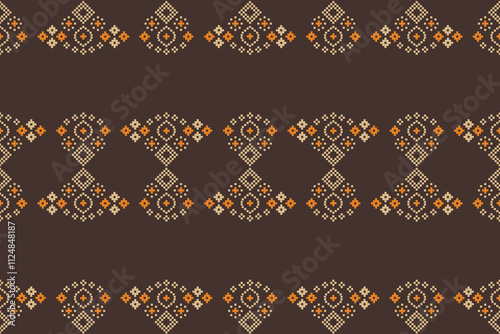 Ethnic pattern traditional motif ikat geometric fabric pattern cross stitch.Ikat embroidery Ethnic oriental Pixel brown background.Abstract,vector,illustration. Texture,decoration,wallpaper.
