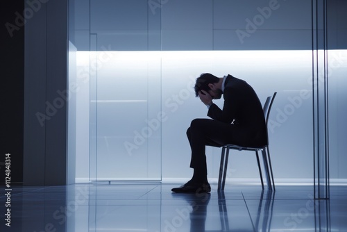 Businessman sitting alone with head in hands, feeling defeated.