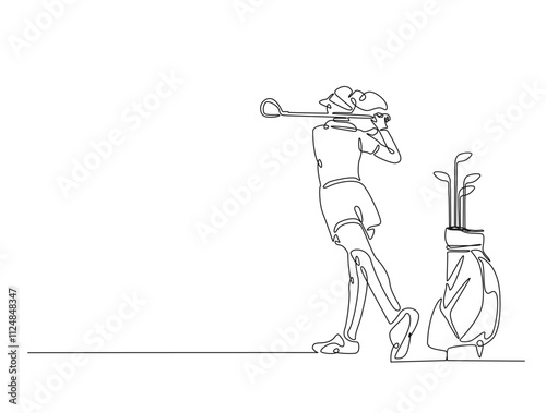 Continuous one line drawing of professional golfer and golf bag. Golf sport single line illustration. Editable vector.