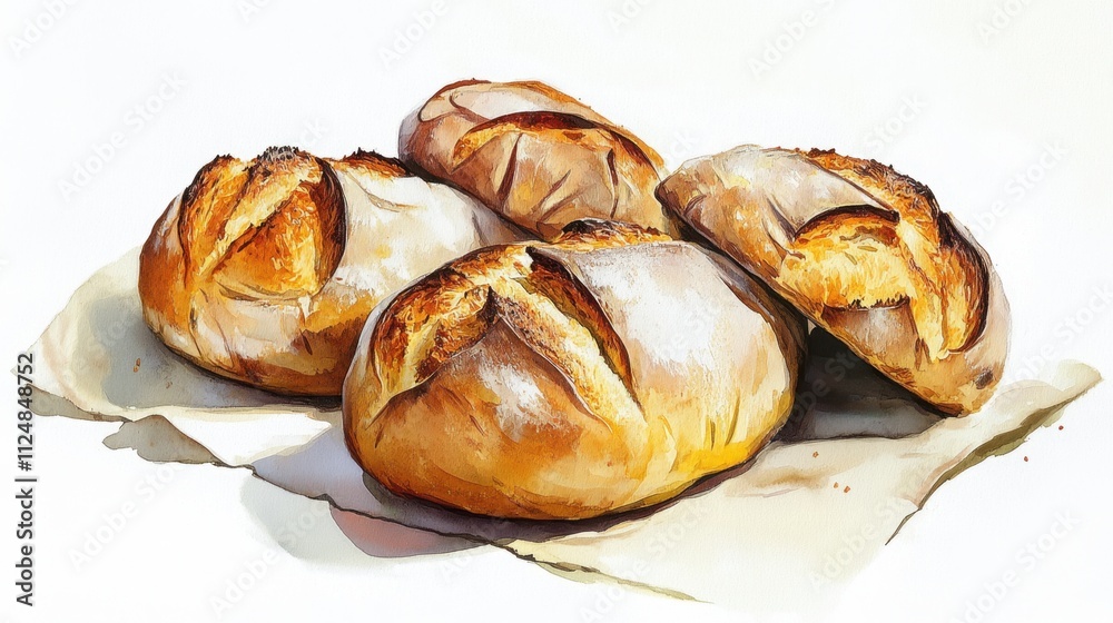 Freshly Baked Rustic Bread Loaves on White Background