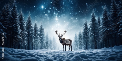 Christmas banner showcasing a magical scene with a reindeer at the center in a snowy forest, surrounded by lit Christmas trees and stars, featuring ample copy space.