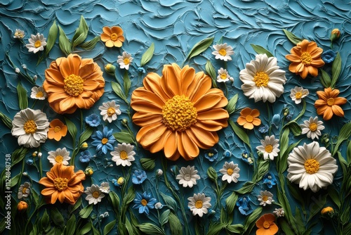 A vibrant relief artwork featuring colorful flowers against a textured blue background.
