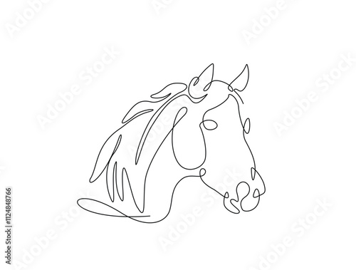 Continuous one line drawing of wild horse head. Stallion head single line art. Editable vector.