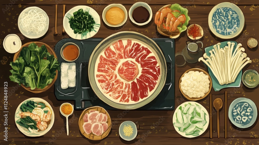 Cozy Japanese Hotpot Table Set with Variety of Ingredients Cozy Japanese Hotpot Table Set with Variety of Ingredients