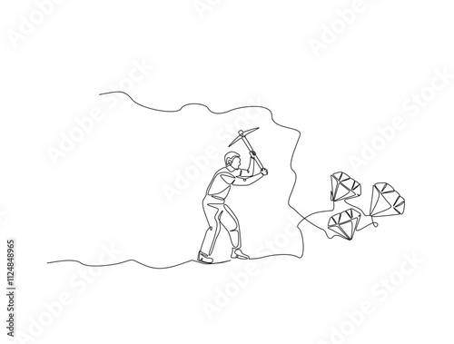 Continuous one line drawing of mining worker digging with pickaxe to get diamonds. Metaphor of work hard in single line art. Editable vector.