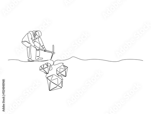 Continuous one line drawing of mining worker digging with pickaxe to get diamonds. Metaphor of work hard in single line art. Editable vector.