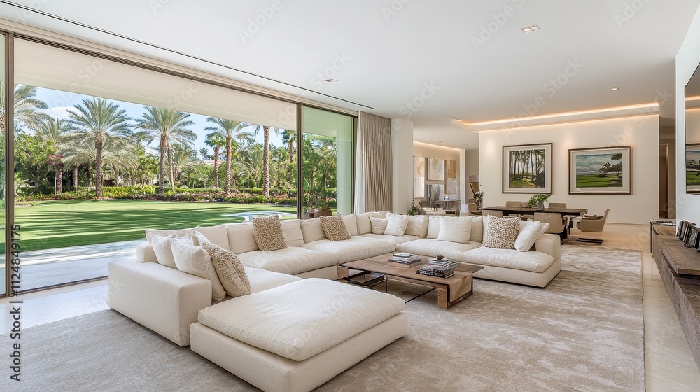 Fototapeta premium Modern Bright Living Room with Spacious Couch Overlooking Lush Garden and Palm Trees