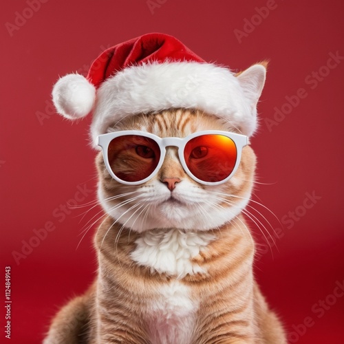 Merry Christmas concept holiday vacation winter animal pet greeting card - Cool santa claus cat with sunglasses and santa hat, isolated on red background