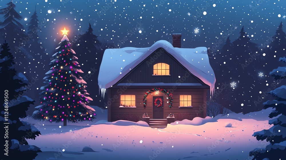 illustration flat design style cozy log cabin in a snowy mountain forest illustration flat design style cozy log cabin in a snowy mountain forest
