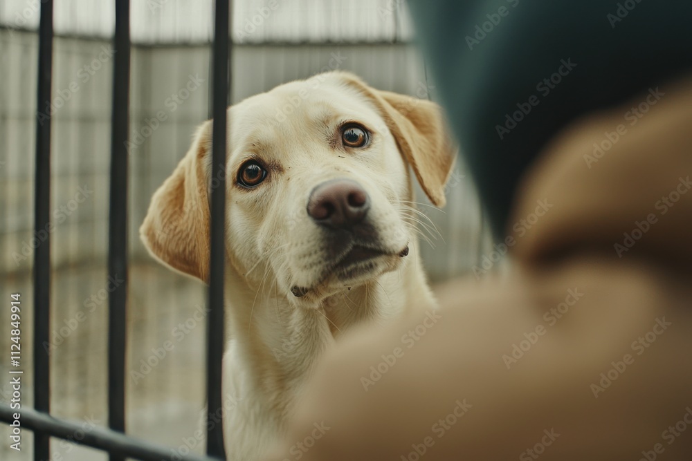 Dog in an animal shelter being cared for by a volunteer. Dog in an animal shelter being cared for by a volunteer.