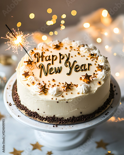 A Delicious Happy New Year Vanilla Cake Decorated with Golden Stars and Chocolate Sprinkles