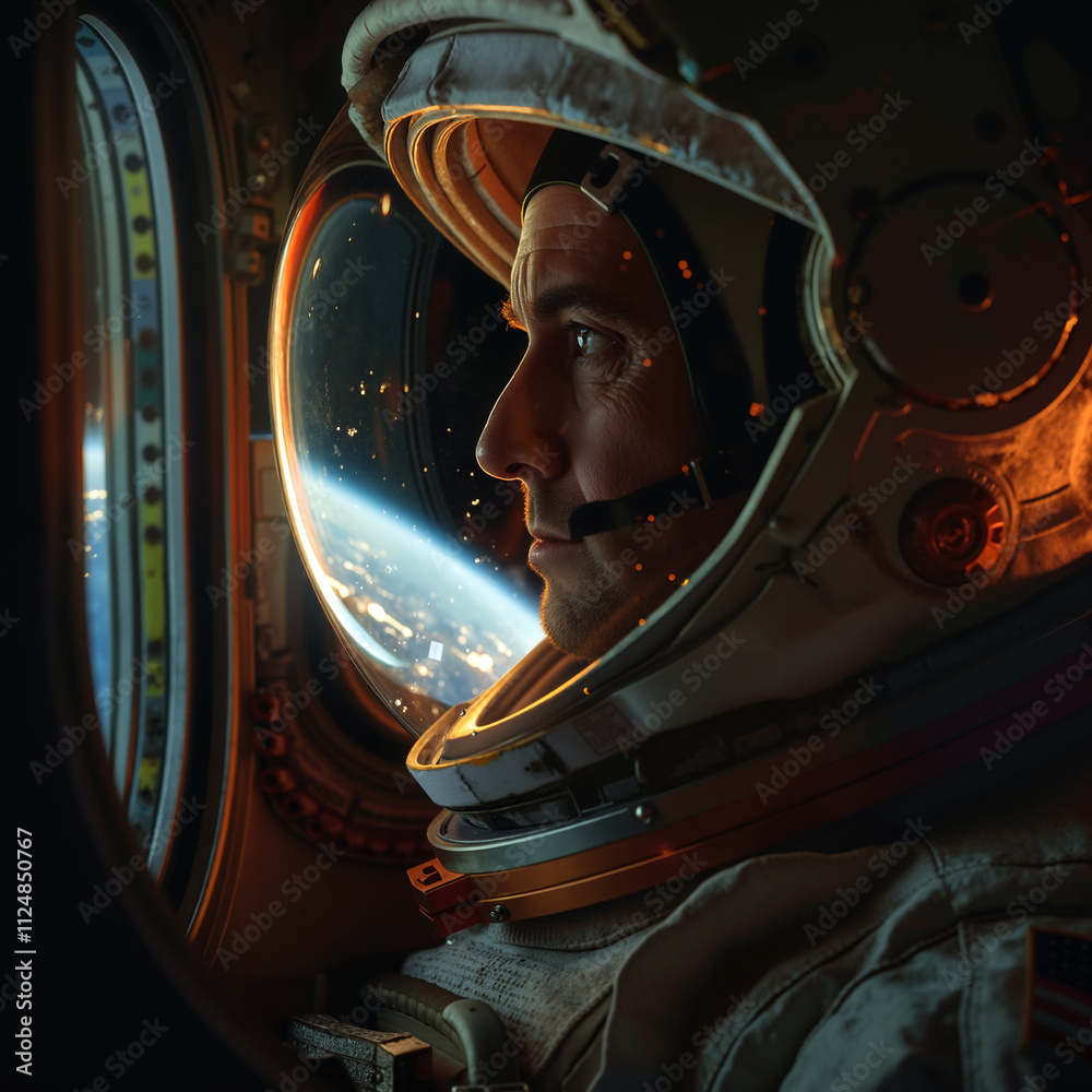 A man in a space suit looking out the window of a spacecraft. The man is looking at the Earth and the stars A man in a space suit looking out the window of a spacecraft. The man is looking at the Earth and the stars
