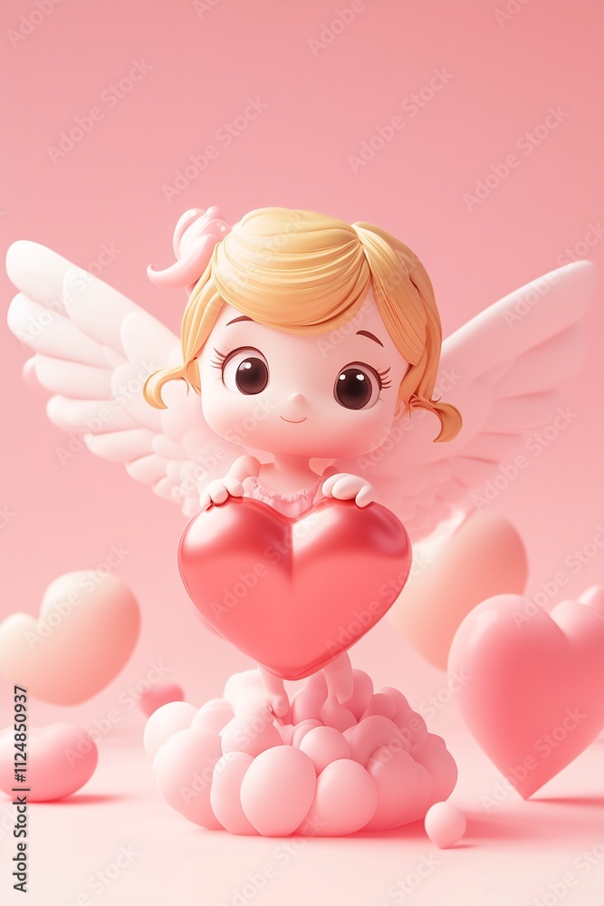 Adorable angel with blonde hair holding a shiny pink heart, floating on pink clouds for Valentine's Day Adorable angel with blonde hair holding a shiny pink heart, floating on pink clouds for Valentine's Day