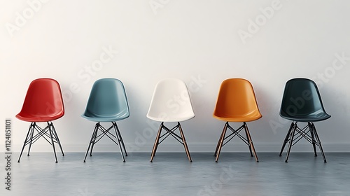 A row of Eames chairs four colors in different with white wall