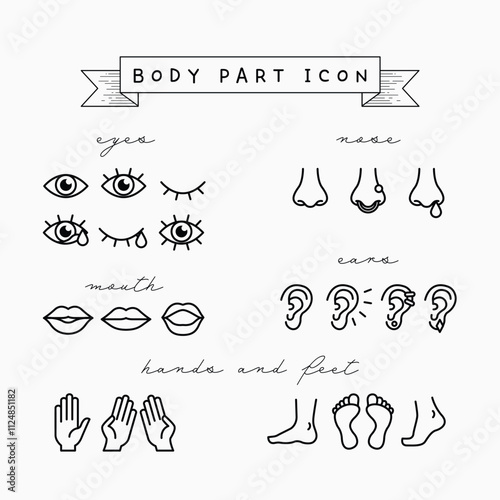 Set of modern vector plain simple thin line design icons and pictograms, including icons of eyes, nose, mouth, ears, hands, and feet.
