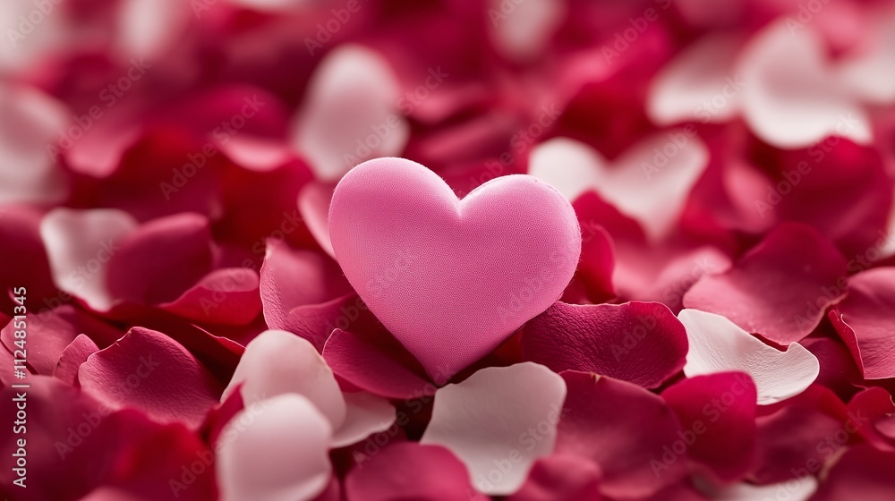 Pink heart surrounded by vibrant red and white rose petals, symbolizing love and affection Pink heart surrounded by vibrant red and white rose petals, symbolizing love and affection