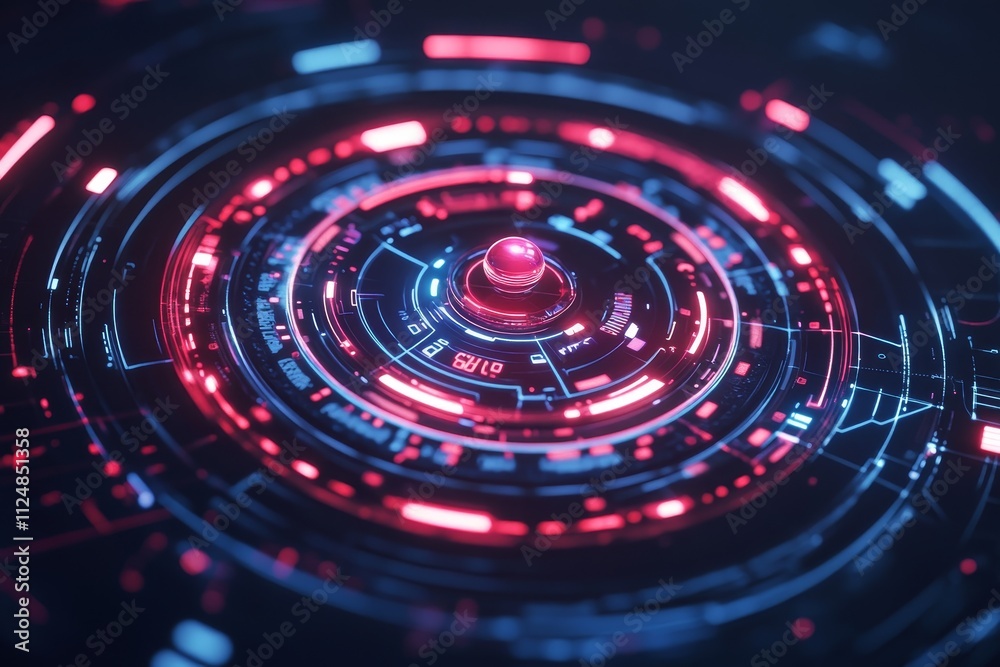 Futuristic technology interface displaying glowing red and blue digital patterns in a circular design with a central button Futuristic technology interface displaying glowing red and blue digital patterns in a circular design with a central button