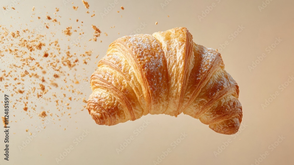 Fresh Croissant with Crumbs Soaring in the Air Fresh Croissant with Crumbs Soaring in the Air