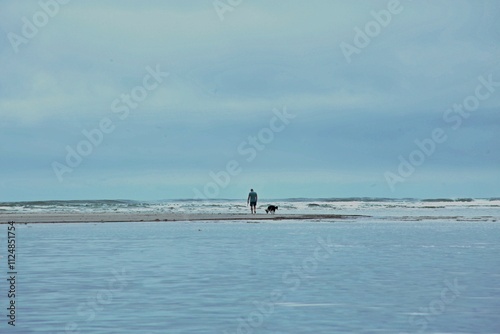 Praia de Itaguare, Bertioga, Brazil with calm waters, small waves, silhouette of a man and a dog walking on the beach sand. Morning, sunless weather, deserted beach
