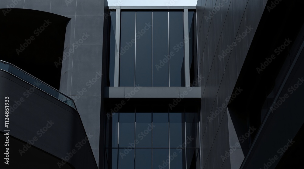 Fototapeta premium Modern Architectural Facade: A low-angle shot of an imposing modern building with sleek lines and expansive glass panels, creating a sense of grandeur and sophistication. 