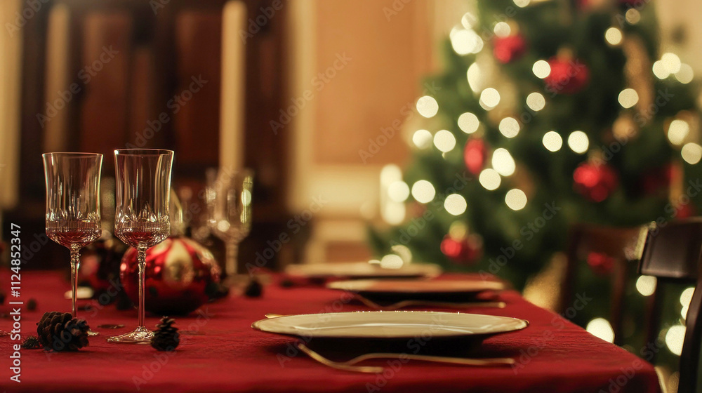 Formal dining setup with Christmas décor and tree bokeh Formal dining setup with Christmas décor and tree bokeh