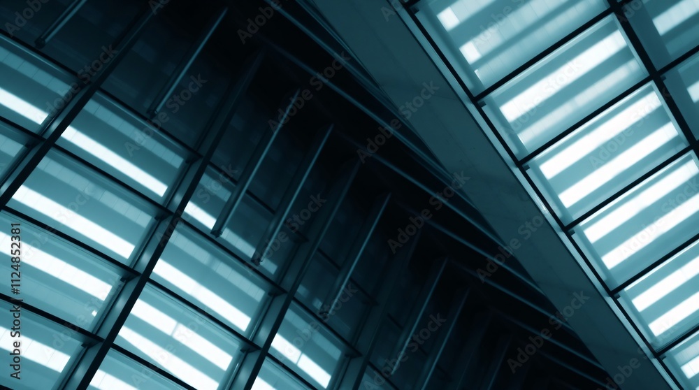 Modern Architectural Design: Abstract view of a sleek, modern building's glass facade, showcasing intricate lines, geometric patterns, and the interplay of light and shadow. Modern Architectural Design: Abstract view of a sleek, modern building's glass facade, showcasing intricate lines, geometric patterns, and the interplay of light and shadow.