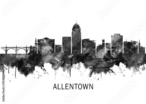 Allentown Pennsylvania Skyline BW, abstract painting travel poster urban landscape modern art downtown skyline illustration landmarks skyscrapers artwork architecture photo