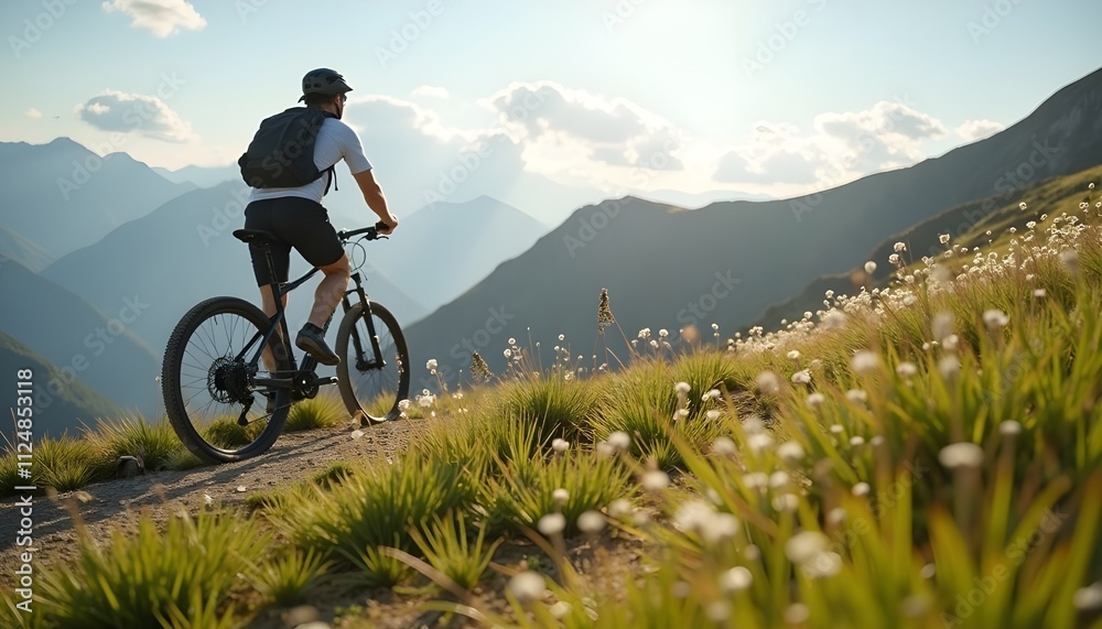 Fototapeta premium Cyclist Man Riding Electric Mountain Bike Outdoors.