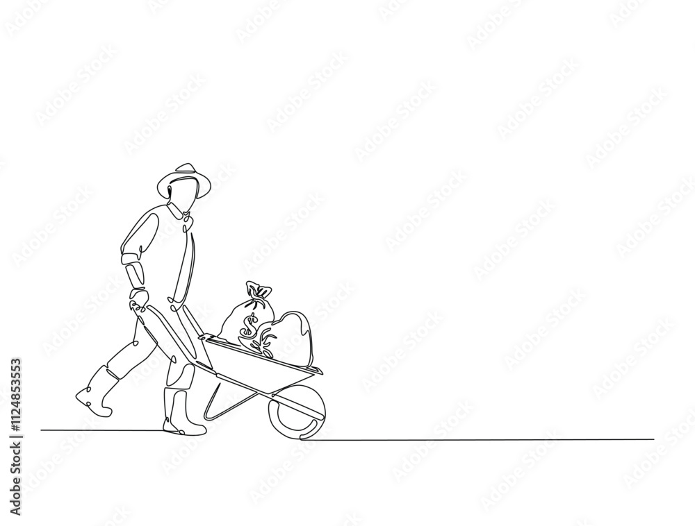 Continuous line drawing art of worker walking with money bag in wheelbarrow. workhard and finance concept. editable stroke. Continuous line drawing art of worker walking with money bag in wheelbarrow. workhard and finance concept. editable stroke.
