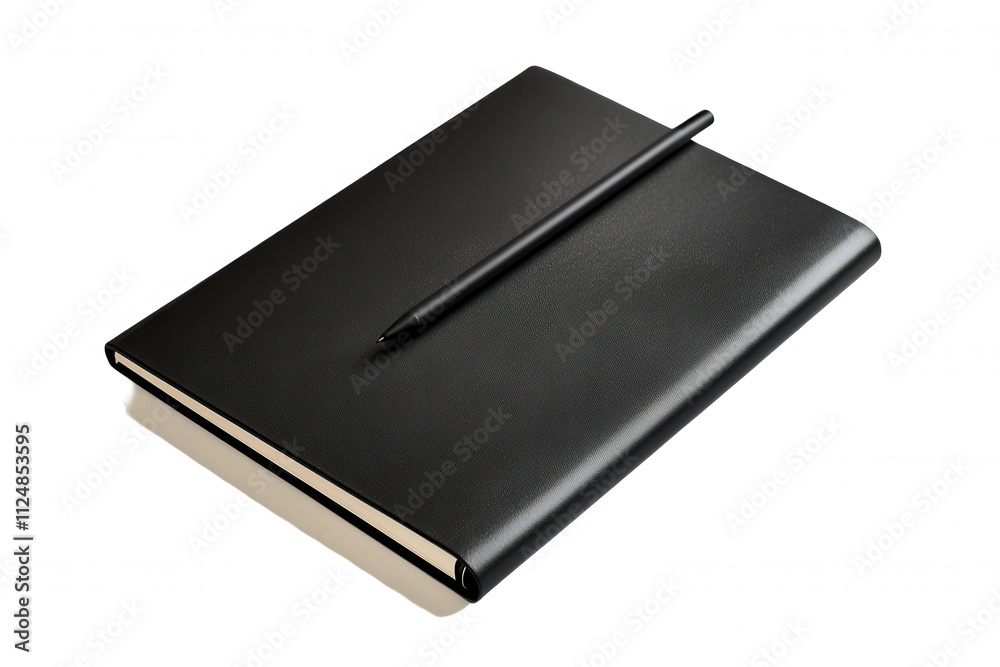Isolated on a transparent background. Black notebook with black pen on cover.