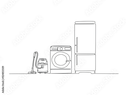 Continuous one line drawing of Vacuum cleaner, refrigerator and washing machine. Household appliances in single line draw vector illustration. Editable vector.