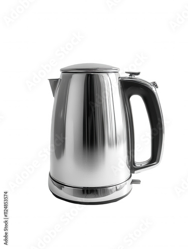 Isolated on a transparent background. Stainless steel electric kettle with black handle.