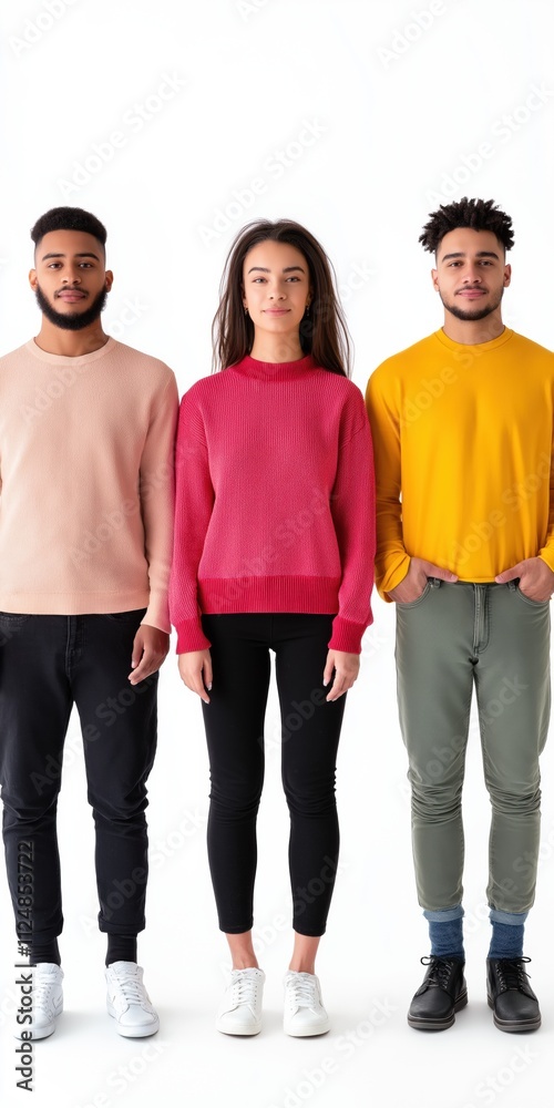 Obraz premium Three people are standing in a row, one of them wearing a red sweater. Concept of unity and togetherness, as the three individuals are standing close to each other