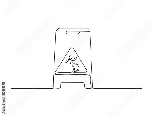 Continuous one line drawing of Wet floor caution sign. Public warning slippery sign in single line draw vector illustration. Editable vector.