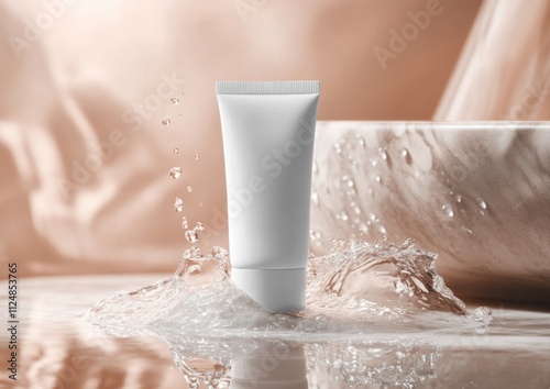 Mockup of cosmetic tube cream 50ml template standing in a splash of water, minimalist beige background