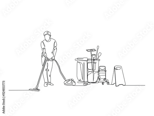 Continuous one line drawing of Janitor cleaning area with vacuum cleaner. Cleaning service worker in single line draw vector illustration. Editable vector.