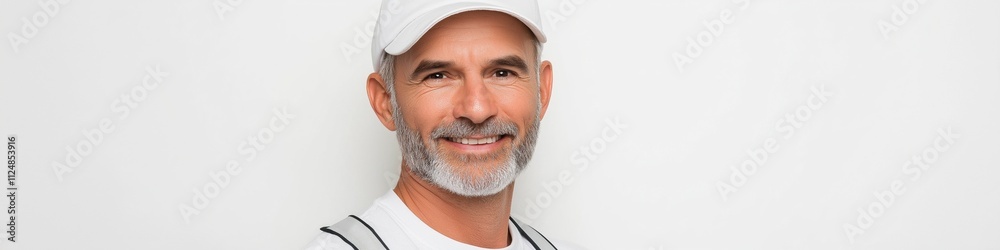 A man with a white hat and beard is smiling. He is wearing a white shirt and a white vest A man with a white hat and beard is smiling. He is wearing a white shirt and a white vest