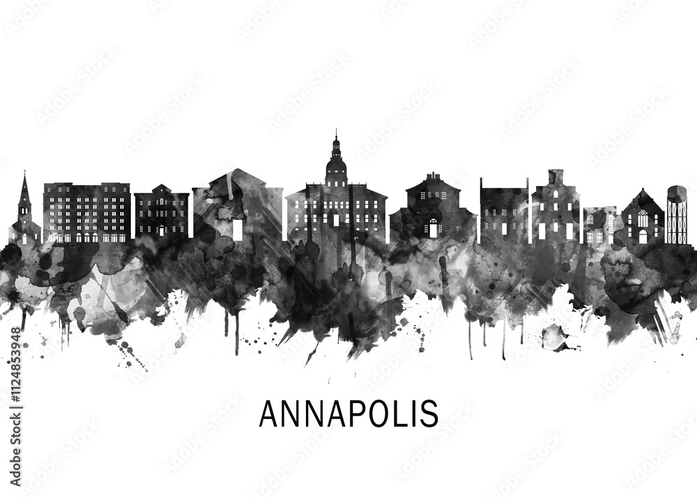 Fototapeta premium Annapolis Maryland Skyline BW, abstract painting travel poster urban landscape modern art downtown skyline illustration landmarks skyscrapers artwork architecture