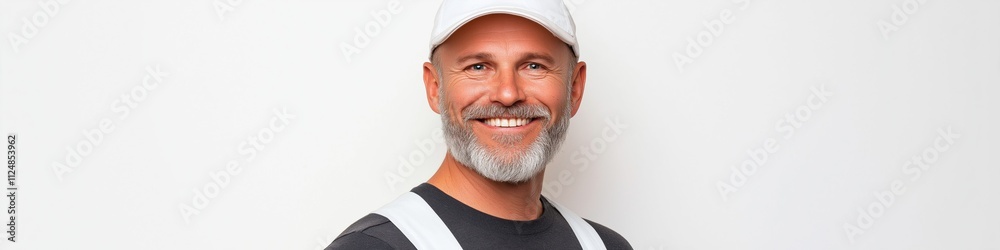 A man with a white hat and a beard is smiling. He is wearing a white shirt and a white vest A man with a white hat and a beard is smiling. He is wearing a white shirt and a white vest