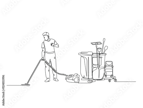 Continuous one line drawing of Janitor cleaning area with vacuum cleaner. Cleaning service worker in single line draw vector illustration. Editable vector.