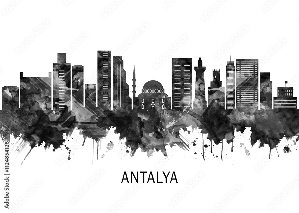 Obraz premium Antalya Turkey Skyline BW, abstract painting travel poster urban landscape modern art downtown skyline illustration landmarks skyscrapers artwork architecture