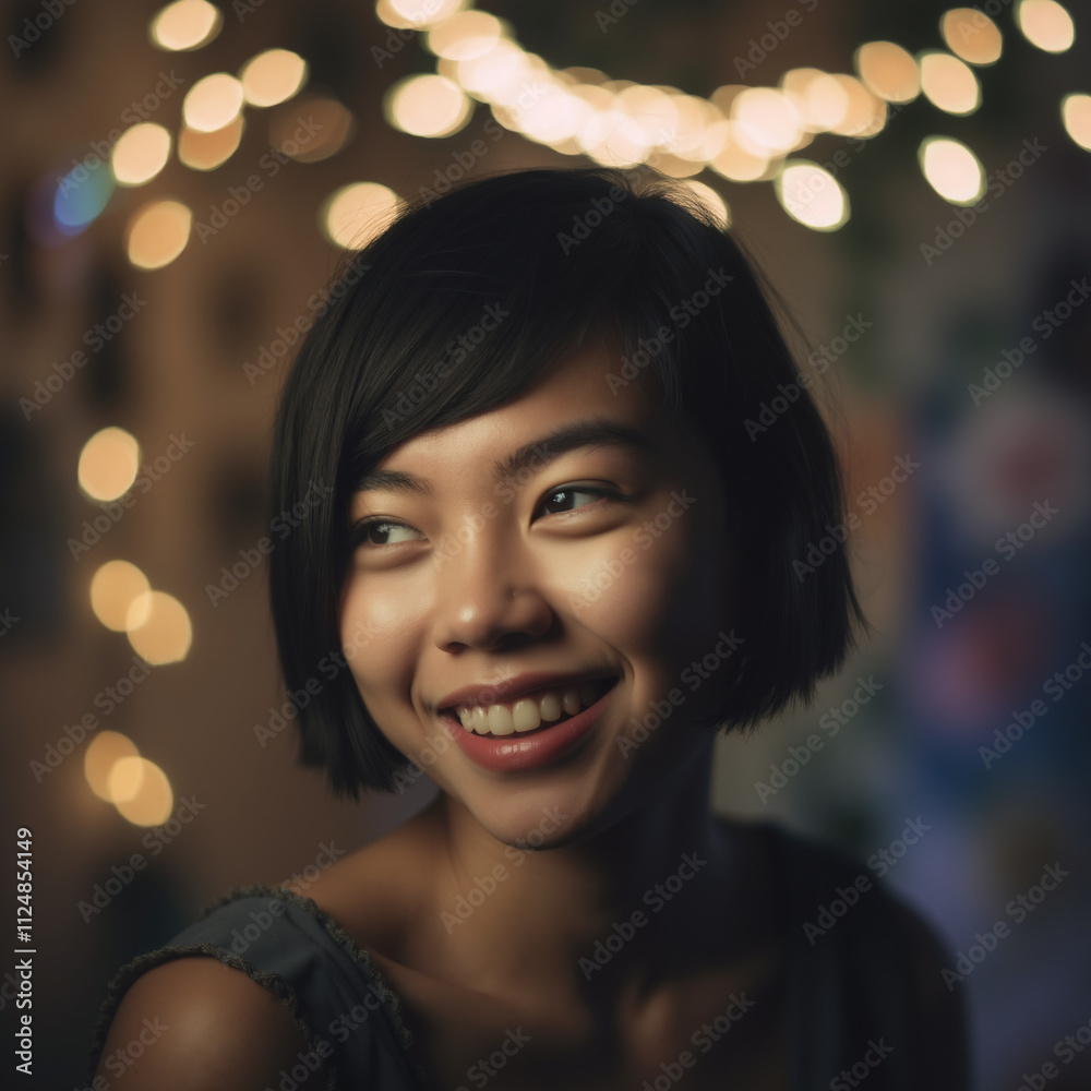 A woman with short hair is smiling and looking at the camera. The image has a warm and friendly mood, with the woman's smile and the bright lighting A woman with short hair is smiling and looking at the camera. The image has a warm and friendly mood, with the woman's smile and the bright lighting