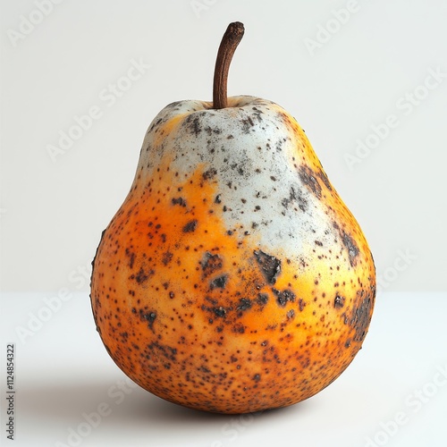 Rotten Pear with Mold on White Background - High Detail Photorealistic Image of Spoiled Fruit with Bruises and Discoloration photo