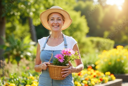 Fototapeta Naklejka Na Ścianę i Meble -  A woman stands in a colorful garden filled with blooming flowers, holding a wicker basket adorned with bright flowers. Sunlight filters through the trees, creating a warm and cheerful atmosphere.