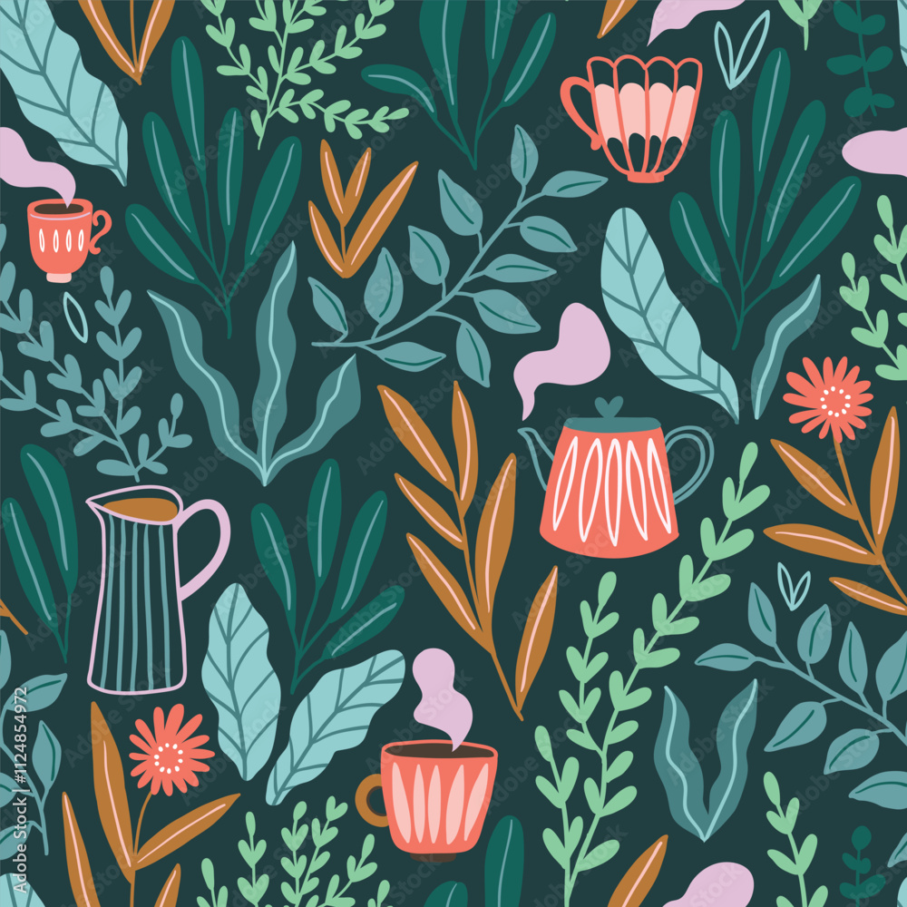 Vector herbal tea seamless pattern in hand-drawn style. Tea and coffee cups on floral background. Stylish tea time illustration.