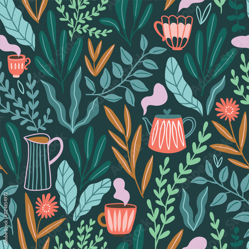 Vector herbal tea seamless pattern in hand-drawn style. Tea and coffee cups on floral background. Stylish tea time illustration.