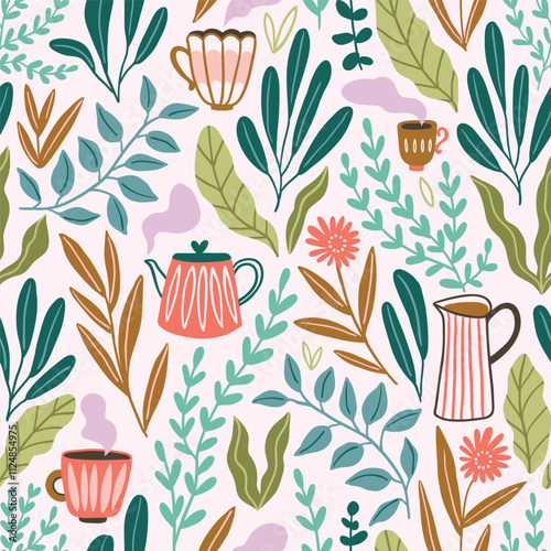 Vector herbal tea seamless pattern in hand-drawn style. Tea and coffee cups on floral background. Stylish tea time illustration.