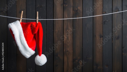 Santa hat hanging on a clothesline with clothespins with wooden background.
